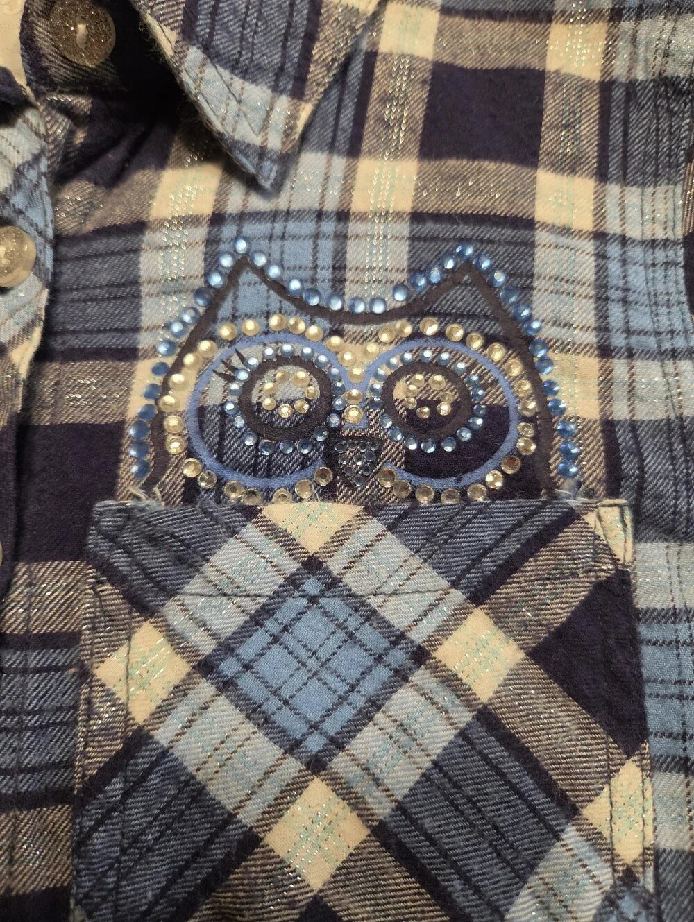 Girls Blue Plaid Button-Up Shirt with Owl Accent. Girls 8
